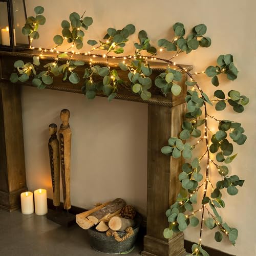 NWLIGHT Lighted Eucalyptus Garland Battery Operated with Timer 6.56Ft 96 LED Artificial Greenery Vine for Mantle Room Stairs Wedding & Holiday Decor Indoor & Outdoor