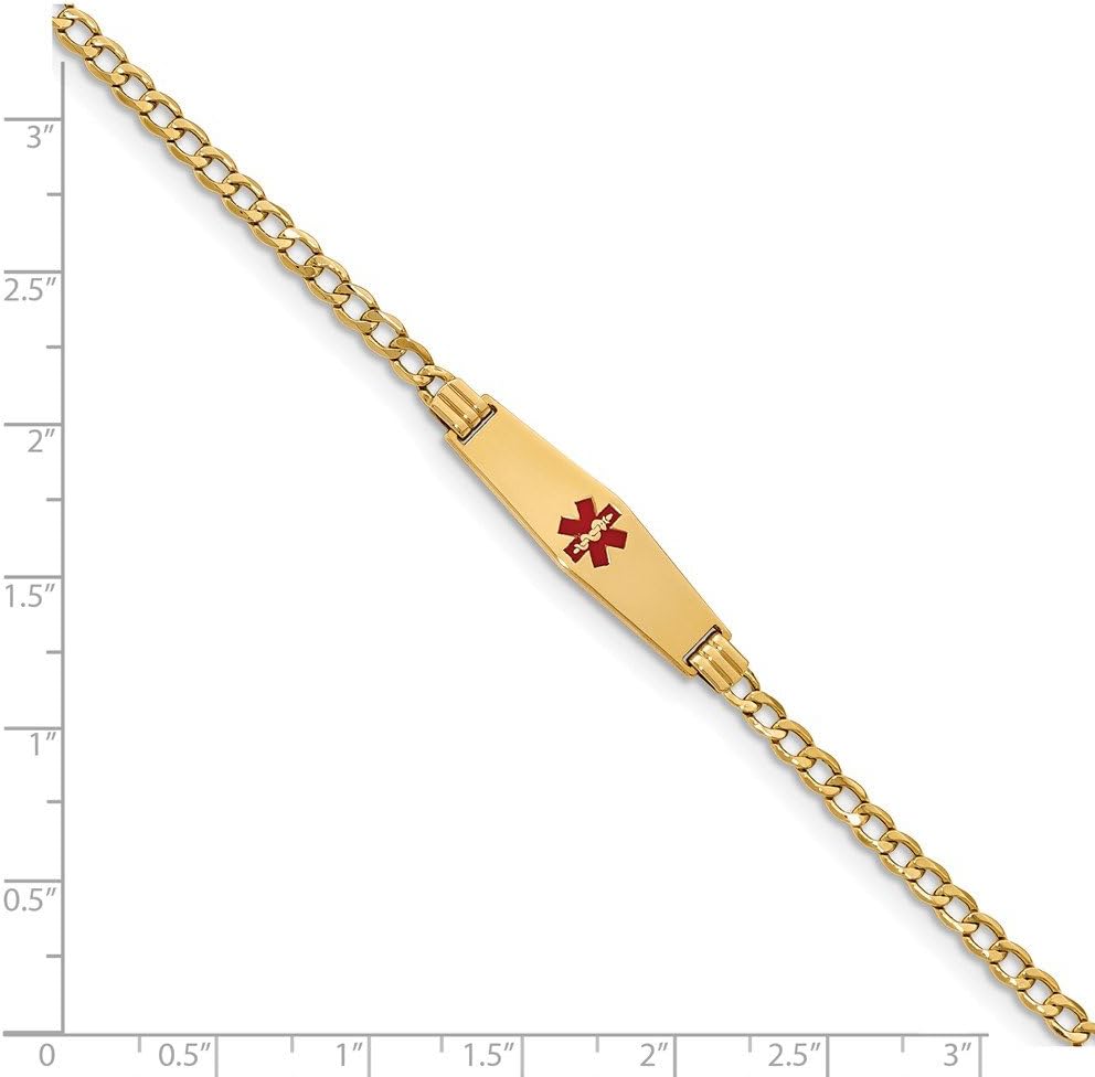 Solid 14k Yellow Gold Medical Soft Diamond-Shape Red Enamel ID Bracelet (7.5mm)