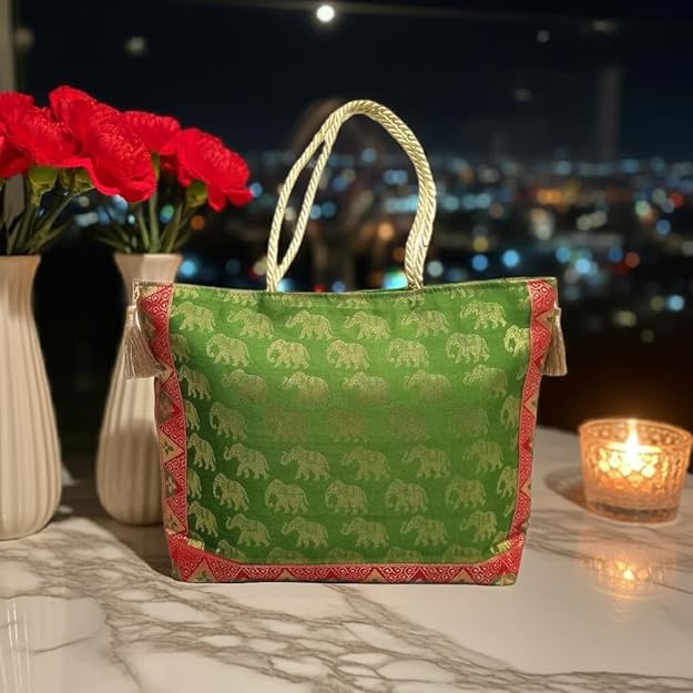 Image of Hand Purse | Traditional Hand Purse | Silk Wallet Hand Bag | Shagun HandPurse | Gifts HandBag | Golden Handle Tote Handbag | Brocade Shoulder Bag | 16 INCH