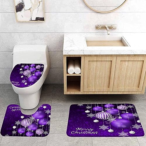 VPUPCN Merry Christmas 3 Piece Bath Rugs Set,Purple Xmas Balls Snowflake Dream Winter Holiday Happy New Year Bathroom Kitchen Rug with 17.8