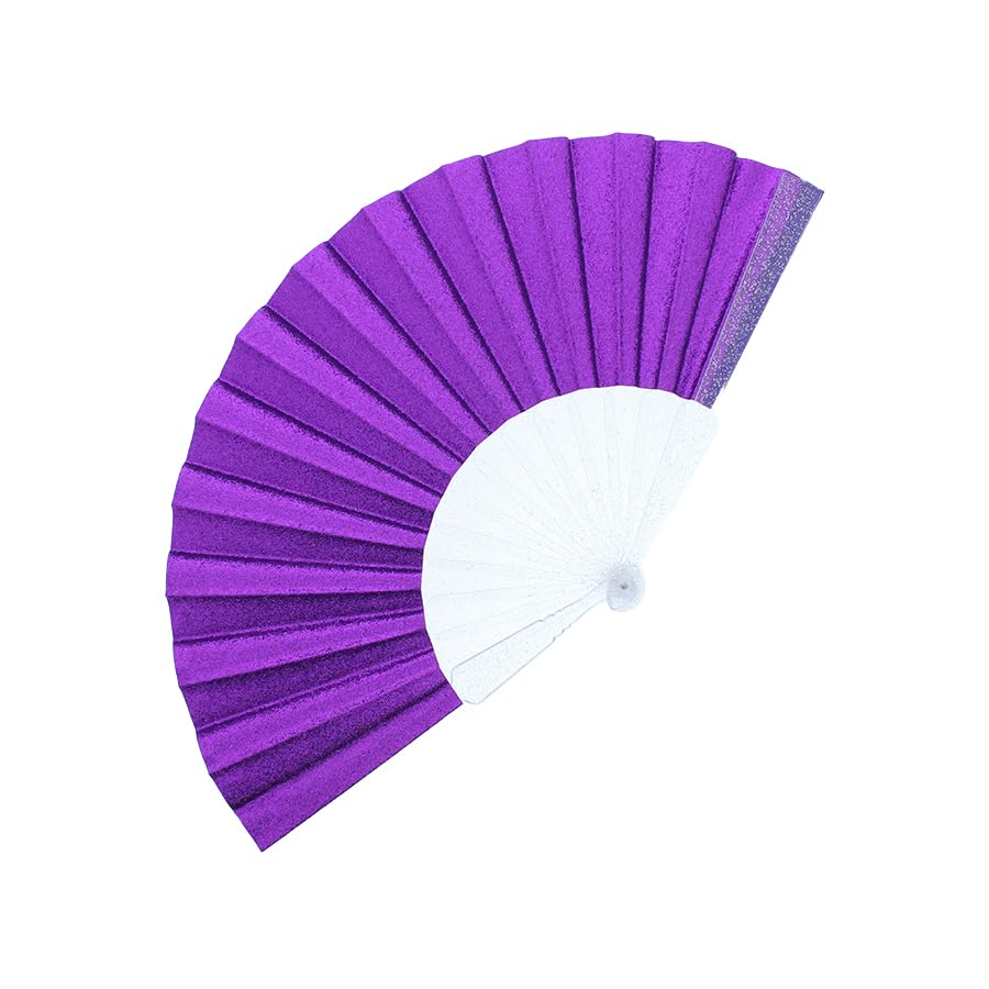 Plastic Folding Glitter Fabric Hand Fans for Festivals, Purple