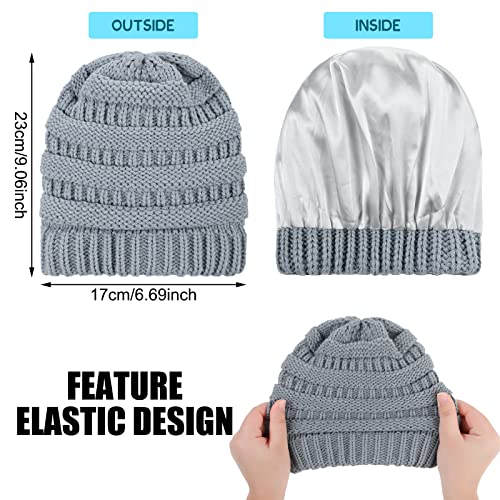 3 Pcs Kids Satin Lined Winter Hat Toddler Beanie Slouchy Cable Knitted Soft Thick Chunky Warm Ski Silky Lined Child Skull Cap For Girls Boys Baby, Black Gray Pink #TOP1