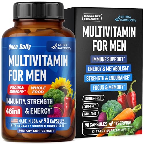Multivitamin for Men – B-Complex | Whole Foods & Enzymes – Energy, Focus & Brain | Men’s Health Complex – 46in1 Mens Multivitamin – Bioavailable & Gentle on Stomach – Made in USA – 90 Capsules, 1/Day
