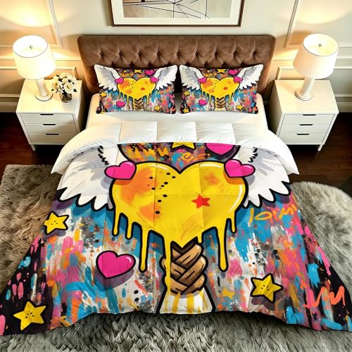 ZZXHG Edredón King Size Estampado 3D | A Color Corazones Garabatos, Nórdico Máximo Confort para Camas Grandes, Lavable, Reversible, Incluye 2 Fundas de Almohada 50x75 cm_A20598