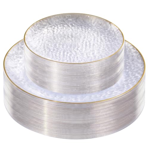 realluck 100Pcs Clear and Gold Rim Hammered Disposable Plastic Plates
