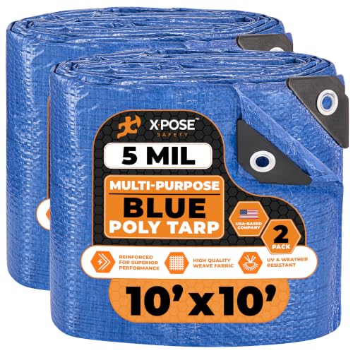 Image of Better Blue Poly Tarp 10' x 10' (2-Pack) - Multipurpose Protective Cover - Lightweight, Durable, Waterproof, Weather Proof - 5 Mil Thick Polyethylene - by Xpose Safety