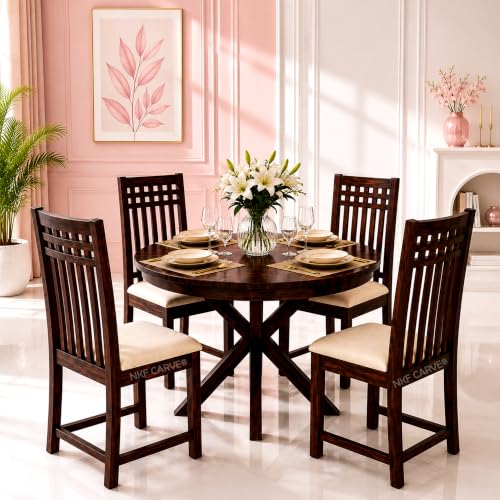 Image of Wooden Dining Table & Chair Set for 4 Person | Solid Sheesham Wood Round Dining Table with Air Grid Backrest & Cushioned Chairs | Modern & Trending Style Design for Home & Dining Room | Walnut Finish