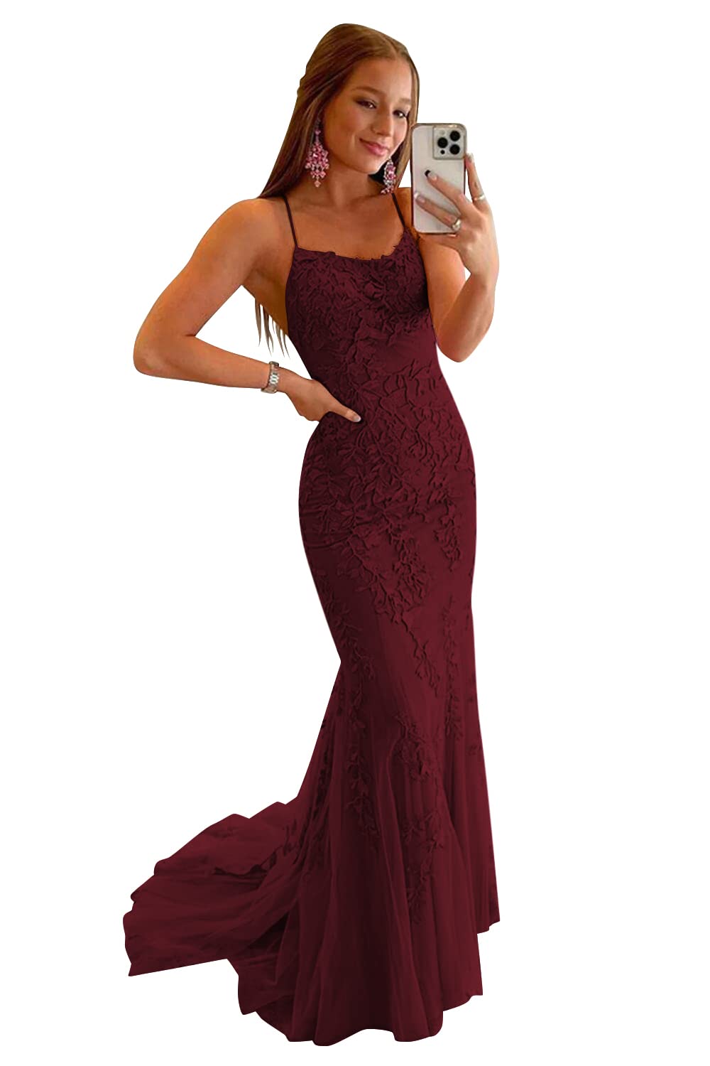 Clothfun Women's Long Lace Prom Dresses Mermaid Spaghetti Straps Backless Formal Evening Gowns