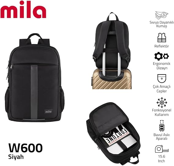 Classone 15.6 inch Mila Serisi W600 - Macbook,Mac Air Uyumlu Reflektörlü - Laptop Sırt Çantası - Siyah