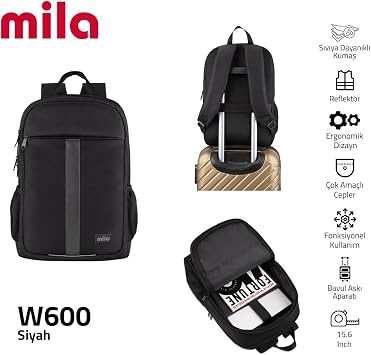 Classone 15.6 inch Mila Serisi W600 - Macbook,Mac Air Uyumlu Reflektörlü - Laptop Sırt Çantası - Siyah