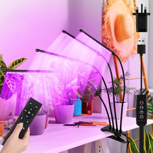 FIBRAVE Grow Lights for Indoor Plants, 4 Heads 120 LED Growing Lamps with Clip Red Blue,Full Spectrum Led Plants Light for Indoor & Seed Starting, 10-Level Dimmable, Auto On Off, Timing 3/6/12/16Hrs
