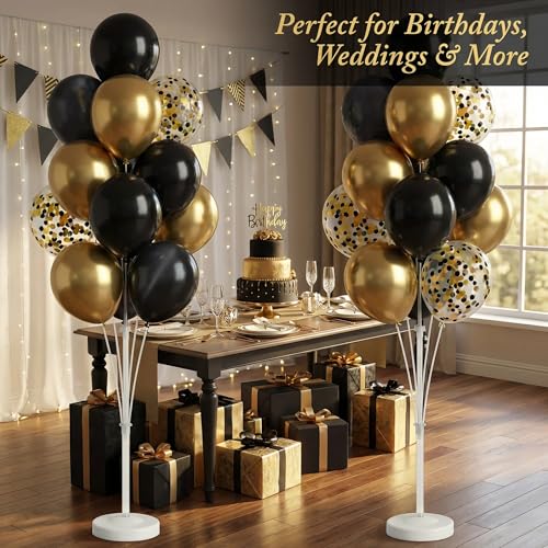 Image of Balloon Column Stand Kit,2 Sets of Assorted Rainbow Balloon Tower Pillar with 10inch Bright Color baloon Reusable Design for Grirls Party,Birthday, Wedding,Baby Shower (Black Gold Confetti)