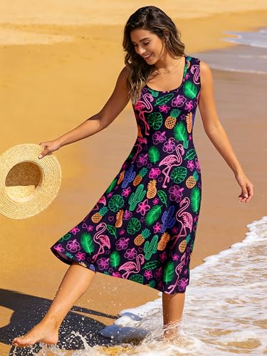 Image of uideazone Women Funny Print Sleeveless U Neck A Line Casual Midi Dress | Soft Stretchy Breathable Fabric Flared Swing Sundress Fitted Waist for Daily Wear 80 /90s Themed Party Beach Vacation Trips