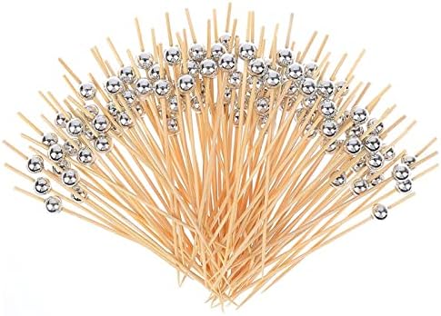 100 Pcs Cocktail Picks, Cocktail Toothpicks for Appetizers Fruit Sticks Handmade Wooden Cocktail Skewers Party Supplies - Matt Silver Pearl