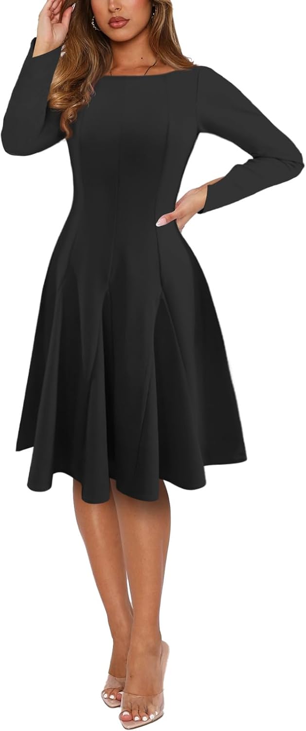 Puhrissimus Cocktail Dress for Women Long Sleeve Elegant Midi A-Line Flare Formal Swing Fall Wedding Guest Maxi Party Dress