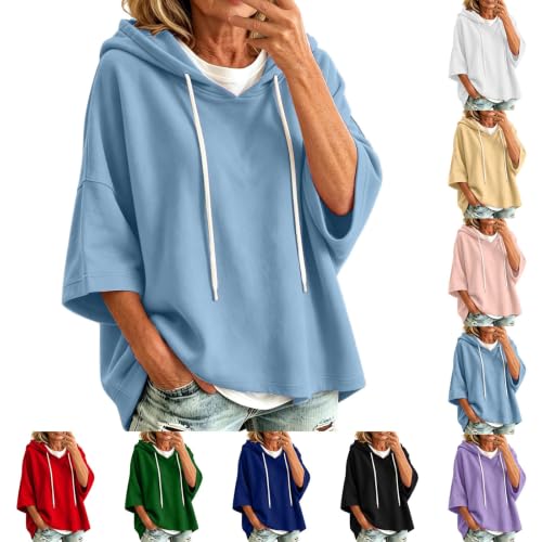 3/4 Sleeve Hoodies for Women Drop Shoulder Drawstring Hooded Sweatshirts