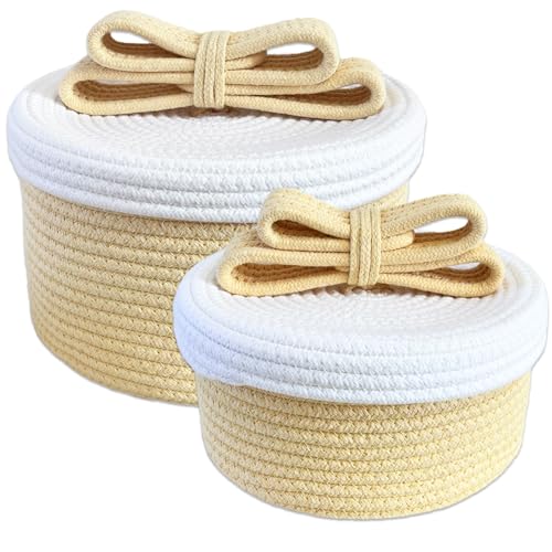 Round Woven Basket with a Lid and Bow, Yellow