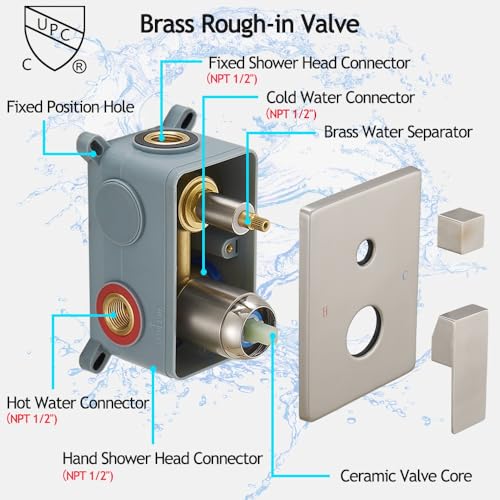 Image of Brushed Nickel Shower System, 8 Inch High Pressure Rain Shower with Handheld, Wall Mount Shower Faucet Set for Bathroom, Rough-in Valve Body and Trim Included