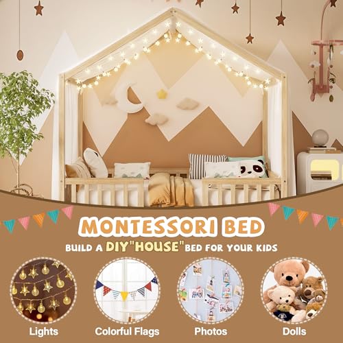 Image of Full Size Wood House-Shape Platform Bed with Roof Frame and Canopy, Montessori Floor Bed with High Railings and Slat Support for Kids Girls Boys, No Box Spring Needed (Natural-05, Full)