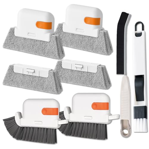 Groove Gap Cleaner Tools Set, 8 Pcs Hand-held 2 Brush with Dustpan&tweezer + 2 Sponge Brush with Dustpan + 2 Replacement Sponges +2 crevice brushes for Sliding Door, Sill, Tile Lines, Track, Car Vents