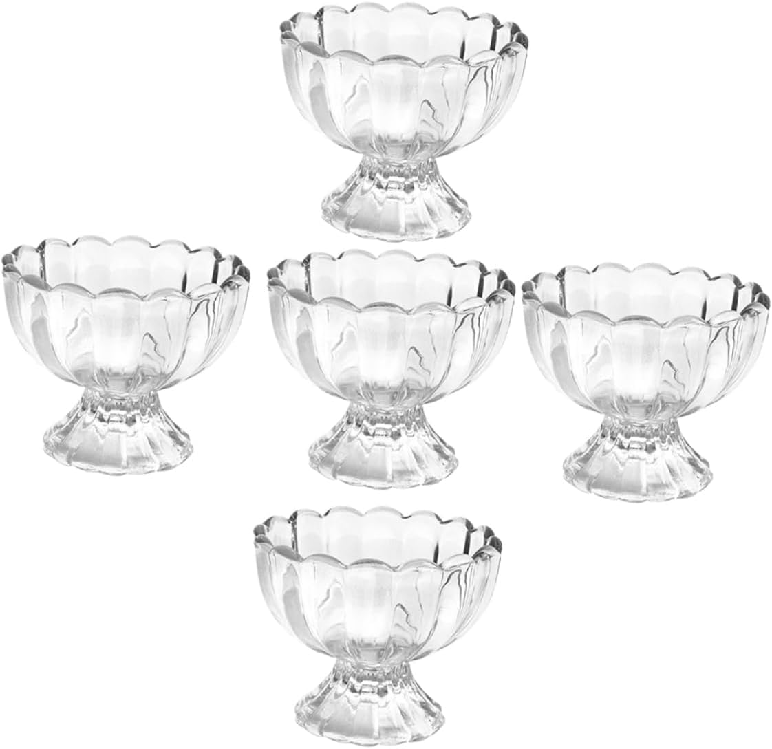 Luxshiny 5Pcs Footed Tulip Glass Bowls Elegant Transparent Dessert Cups for Ice Cream Fruit Salad and Snacks Jelly Serving Bowls for Home Parties and Gatherings