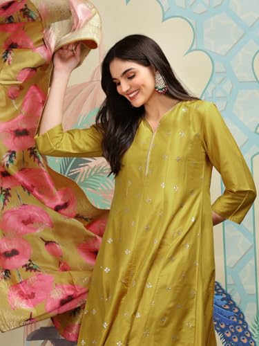 Image of ishin Mustard A-line kurta set with printed floral dupatta | Kurta set for women | Kurta with trousers and dupatta