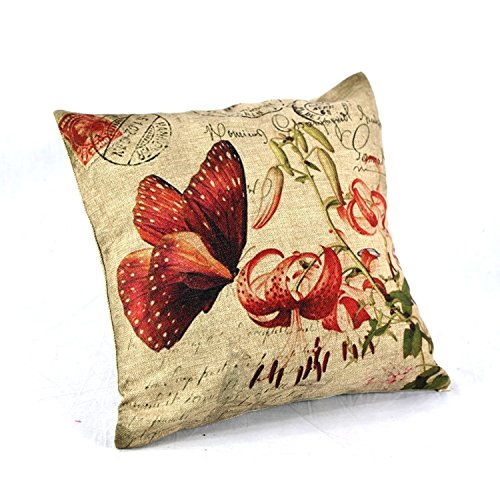 FOOZOUP Home Decor Cotton Linen Square Throw Pillowcase Cushion Cover Pillow Shams Red Butterfly Kiss Flowers 18