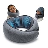 Cilnos Almohada de Viaje Avión con Capucha Antiluz, Almohada Viaje de Memory Foam con Soporte Ergonómico 360°, Cojín Cuello Viaje Compacto para Avión, Coche y Casa, Adultos y Niños (Gris Oscuro)