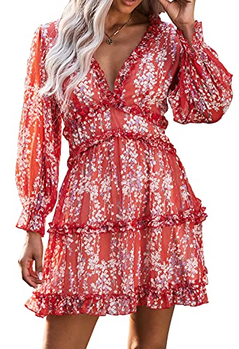 Astylish Womens Juniors Cute Spring Casual Fall Sexy Deep V Neck Backless Dress Ruffle Chiffon Lantern Long Sleeve Elegant Boho Hawaiian Flowy Mini Short Skirt Dresses for Women Party 2021 Red Large