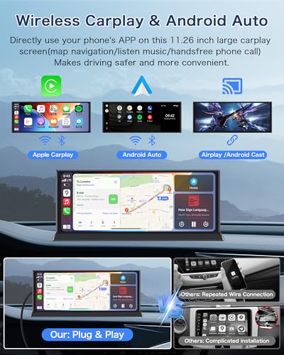 Vtopek 11.26 inch Largest Car Play Screen with 2 Brackets Wireless Apple Carplay Android Auto Carplay Screen for Car Stereo with HD Waterproof Camera Real-time GPS Navigation/Siri Google Voice Control - Image 4