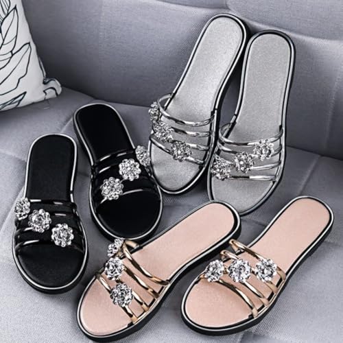 Shiny Diamond black flat Slide Sandals for Women Flip-flops Slip-On Fashionable Slippers for Summer Vacation3