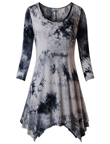 Cestyle Swing Tunic, Women's 3/4 Sleeve Round Neck Handkerchief Hem Vintage Flowy Tie Dye Trapeze Plus Size Tops Shirt XX-Large Black