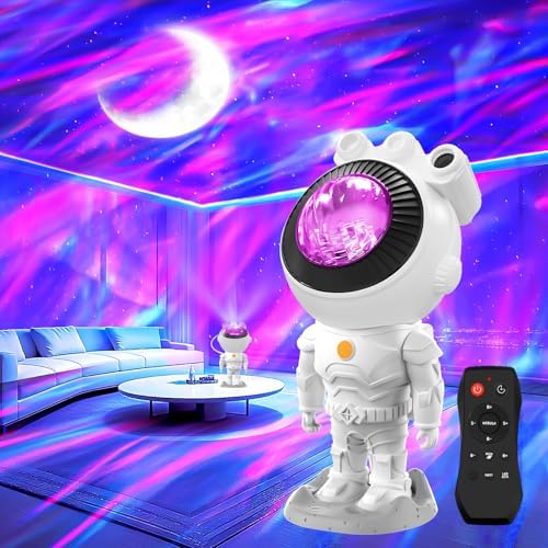 MYSTILUCK Astronaut Sternenhimmel Projektor mit Mond - 17 Aurora-Lichtmodi, Nordlicht Lampe Party-Modus, Timer Fernbedienung, Zimmer Deko, für Weihnachten & Geburtstage Mädchen Jun