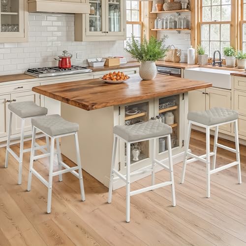 Butacos de Barra Altos para Cocina, Juego de 4, Asiento en Cuero Sintético PU con Diseño de Silla de Montar y Patas Metálicas Blancas, Color Beige Claro Gris miniatura 1