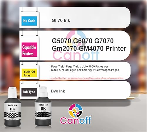 Image of CANOFF GI 70 Black Compatible Ink for Canon Pixma G5070 G6070 G7070 GM2070 GM4070 Printer (Gi-70 Black 2pc. x 170ml)