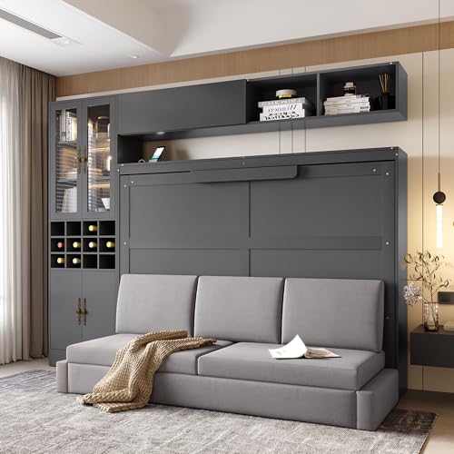 MERITLINE Full Murphy Bed with Couch and Storage Shelves,Charging Station& LED Light,Wood Foldable Murphy Wall Bed Cabinet with Sofa and Storage Cabinet,Bookcase,Wine Rack (Grey,Full)