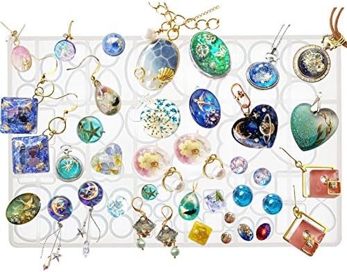 FUNSHOWCASE Cabochon Gem Jewelry Silicone Mold Oval Teardrop Square Heart Round Shapes, for Polymer Clay, Crafting, Resin Epoxy, Pendant Earrings Making, Large