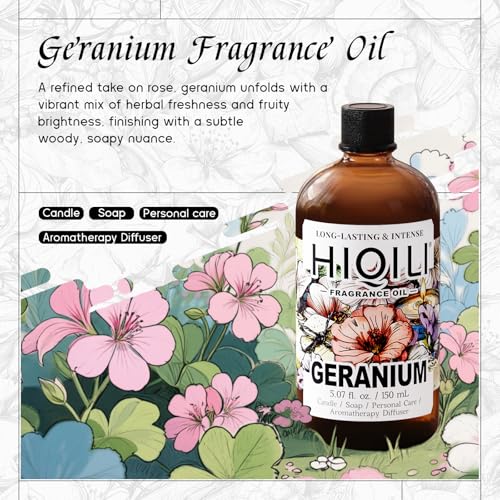 Image of HIQILI Geranium Fragrance Oil for Diffuser & Soap Making - 5.07 Fl Oz | Essential Oil for Candle & Body Lotion Making, Long-Lasting Scents, Car Freshies - 150 ML