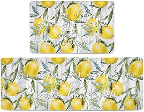 Lemon Kitchen Mat Set of 2 Watercolor Lemons Leaves Kitchen Rugs Anti Fatigue Thick Standing Cushioned Floor Waterproof Non Slip Runner Carpet Decor for Office Sink Laundry, 17.3" x28" + 17.3" x 47"