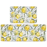 Lemon Kitchen Mat Set of 2 Watercolor Lemons Leaves Kitchen Rugs Anti Fatigue Thick Standing Cushion