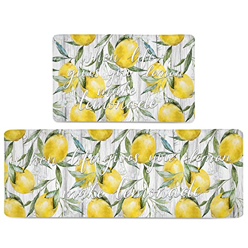 Lemon Kitchen Mat Set Of 2 Watercolor Lemons Leaves Kitchen Rugs Anti Fatigue Thick Standing Cushioned Floor Waterproof Non Slip Runner Carpet Decor For Office Sink Laundry, 17.3" X28" + 17.3" X 47" #TOP1