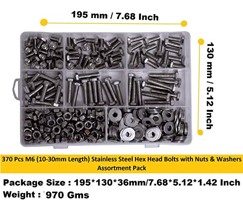 Image of Metric M6 Stainless Alloy Steel 202 Grade Full Threaded Hex Bolts Nuts And Washer Assortment Kit Set With storage Box Pack Of 370 Pcs