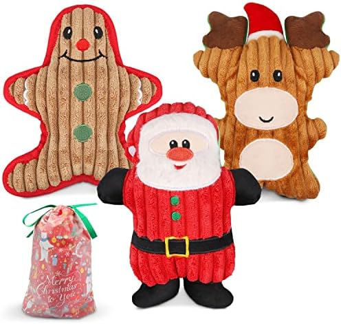 Dreamon Christmas Plush Interactive Dog Squeaky Toys Xmas Gift for Small Medium Large Pet included Ginger Man Reindeer Santa Claus, 3 Pcs Set