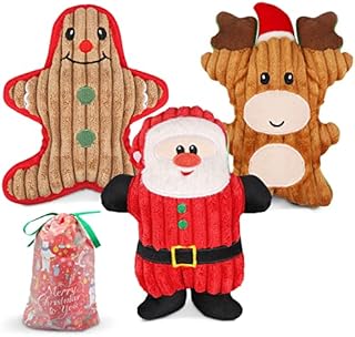 Dreamon Christmas Plush Interactive Dog Squeaky Toys Xmas Gift for Small Medium Large Pet included Ginger Man Reindeer Santa Claus, 3 Pcs Set