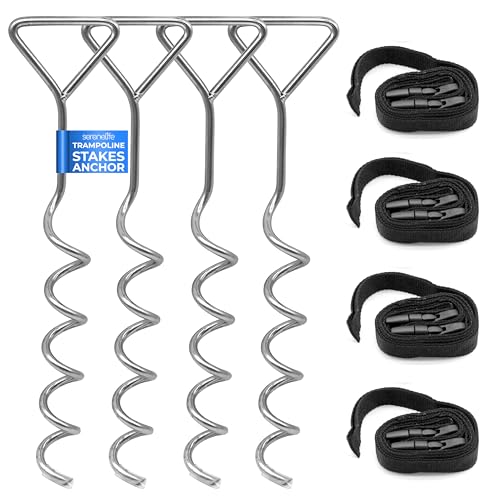 SereneLife Trampoline Anchor Kit - 4 Heavy-Duty Galvanized Steel Stakes and 4 Buckled Straps, 15.75"x3.66" Deformity-Resistant Handles, Spiral Ground Hooks for Tents, Swing Chairs, Soccer Goals