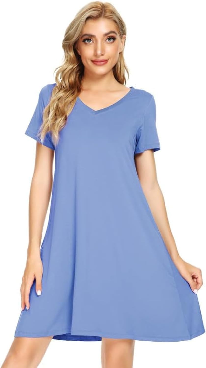Women's Loose Comfy Nightgowns Soft Sleep Shirts Viscose from Bamboo Gowns Short Sleeve Pjs Dress S-XXL