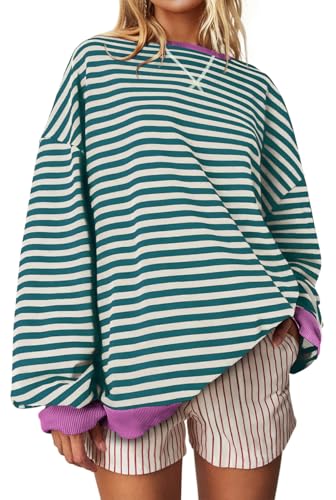 Image of UEU Women Oversized Striped Crewneck Sweatshirt Long Sleeve Color Block Pullover Tops Casual Loose Workout Shirt