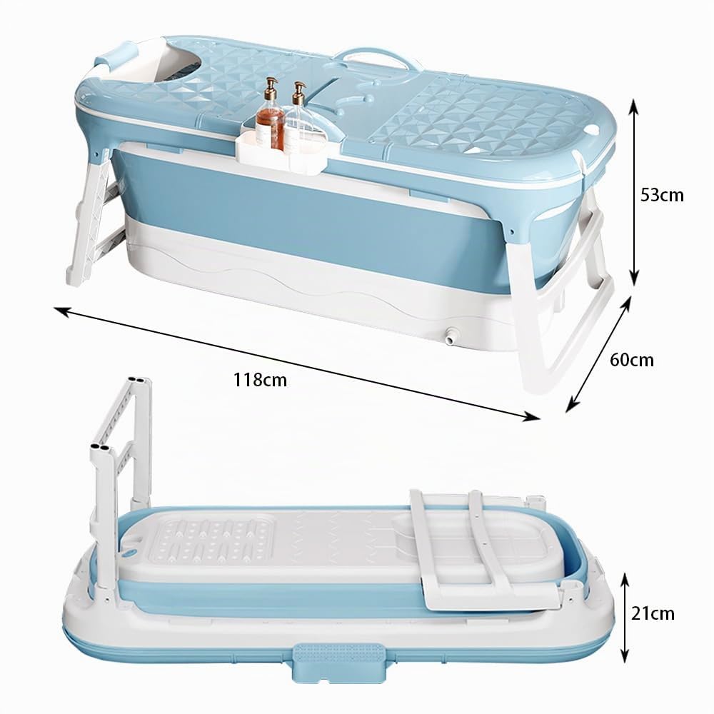 Vasca da bagno pieghevole per adulti - Portatile - Vasca da bagno mobile pieghevole con coperchio e rulli massaggianti - Portasapone - Per bagno e doccia (118 x 60 x 53 cmblu)