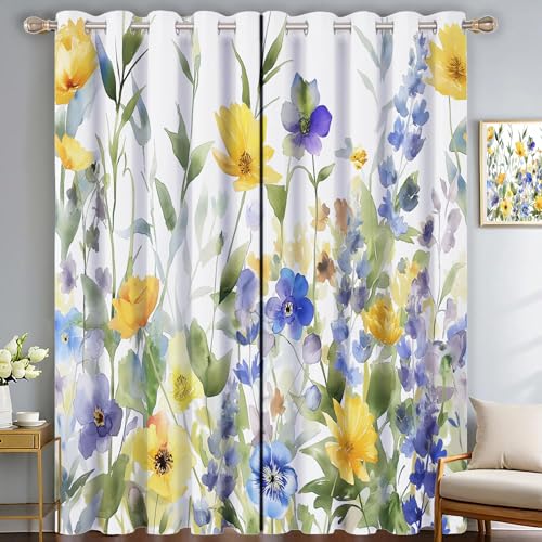 Cortina con Verde Salvia Flores Silvestres De Acuarela Estampado para Sala De Estar Habitación De Niñas Y Niños Jardín Abstracto Cortinas Estampadas 75Anx166Al Cm (2 Paneles) Cortinas Opacas