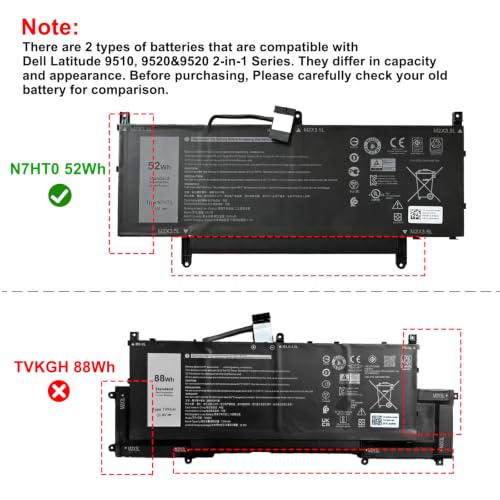 Image of N7HT0 Laptop Battery for Dell Latitude 9510 9520 /9520 2-in-1 | P94F P95F P95F001 P94F001 Series TVKGH V5K68 N2NLL 08NFC7 N2NLL N7HTO 0PKW00 7.6V 52Wh 6500mAh 4-Cells (12 pin)